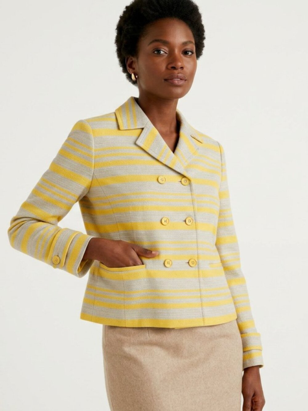 Talbots Linen Cotton Double Breasted Striped Blazer 8 Gold Tan